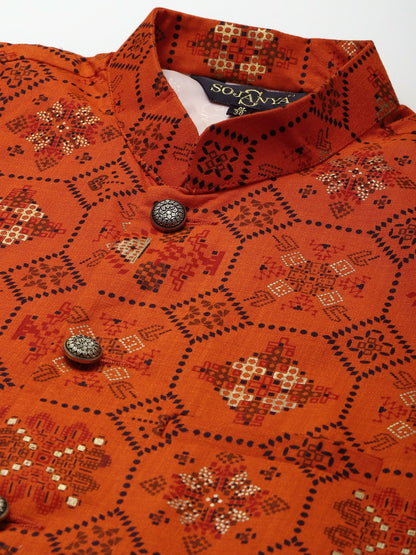 Men’s Orange Ethnic Motifs Printed Nehru Jacket – Traditional Elegance