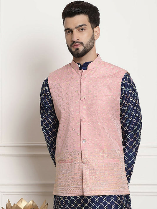 Men’s Pink Jacquard Woven Nehru Jacket – Elegant Festive Wear