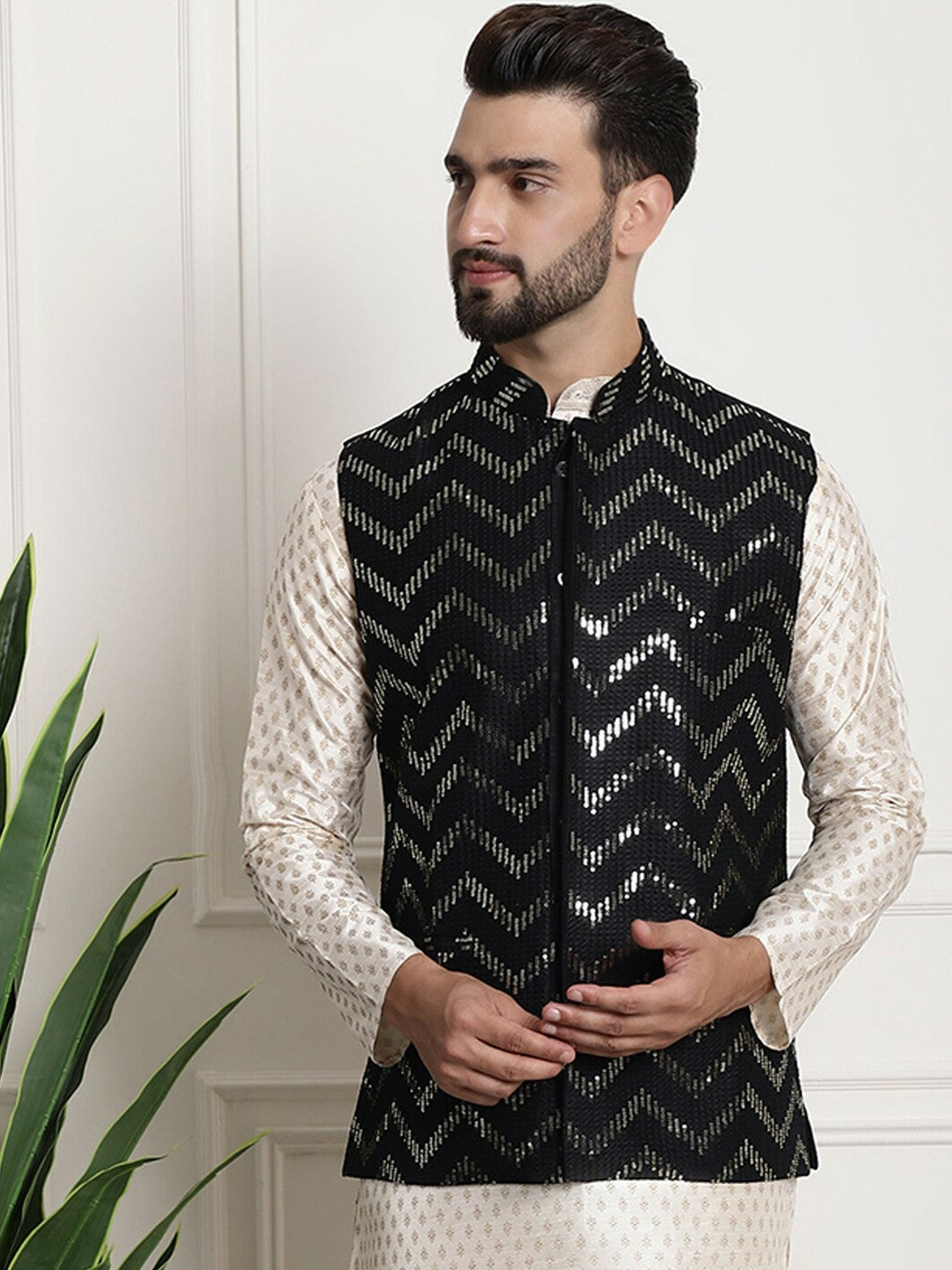 Men’s Chevron Embellished Pure Silk Nehru Jacket – Luxe Festive Wear