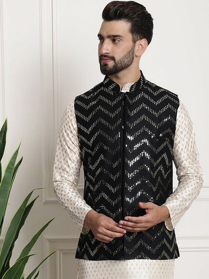 Men’s Chevron Embellished Pure Silk Nehru Jacket – Luxe Festive Wear