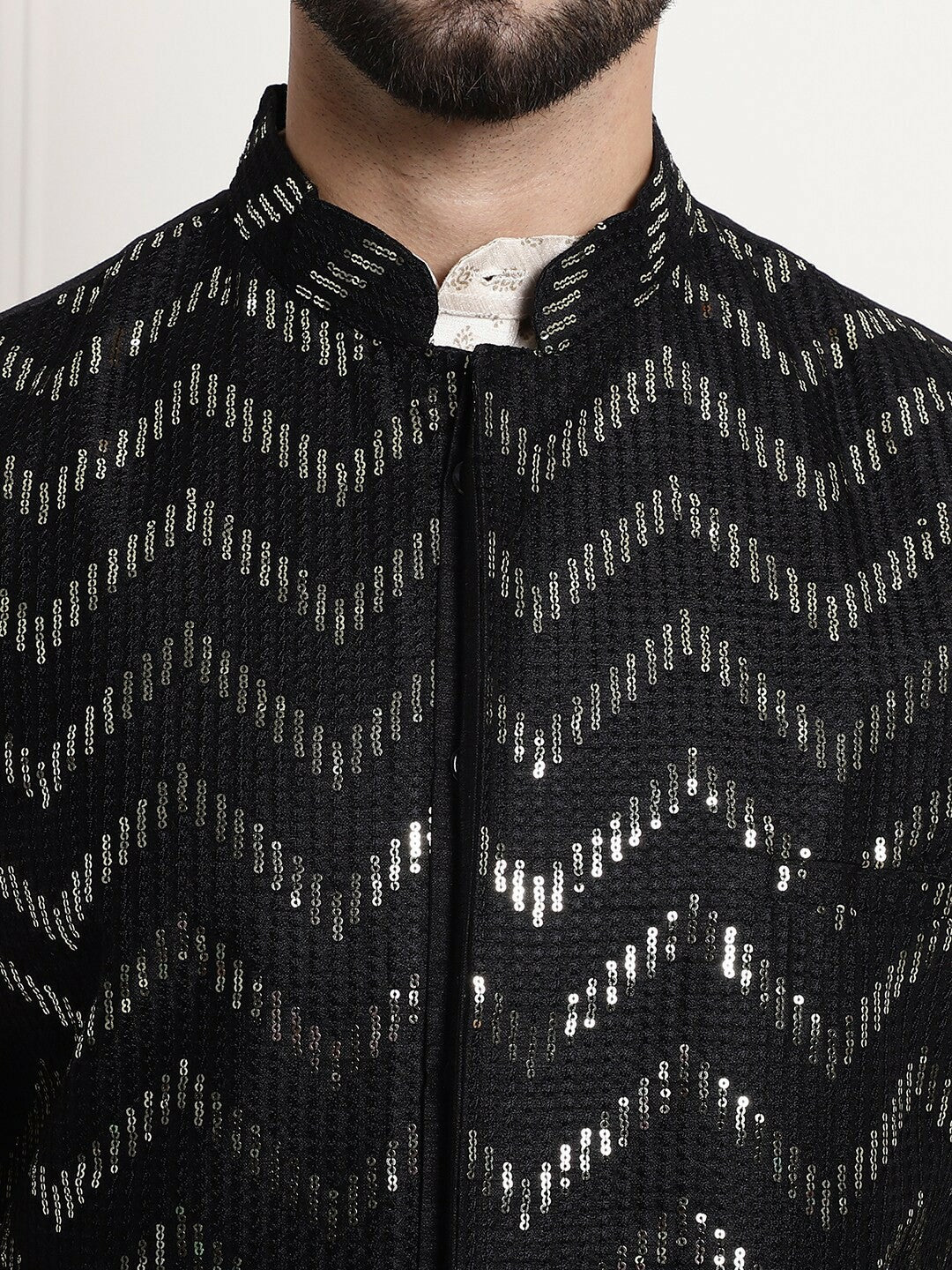 Men’s Chevron Embellished Pure Silk Nehru Jacket – Luxe Festive Wear