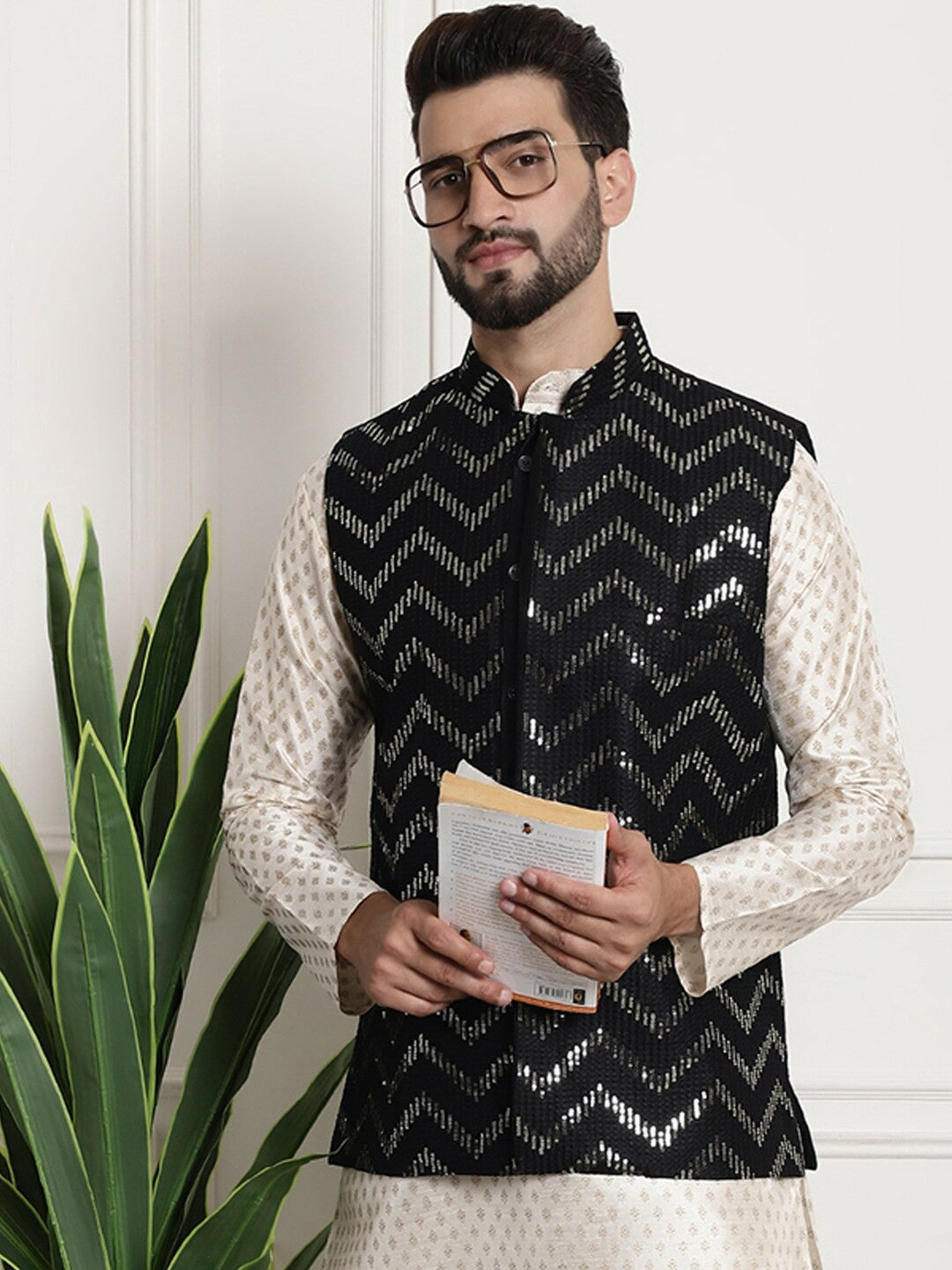 Men’s Chevron Embellished Pure Silk Nehru Jacket – Luxe Festive Wear