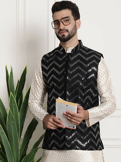 Men’s Chevron Embellished Pure Silk Nehru Jacket – Luxe Festive Wear
