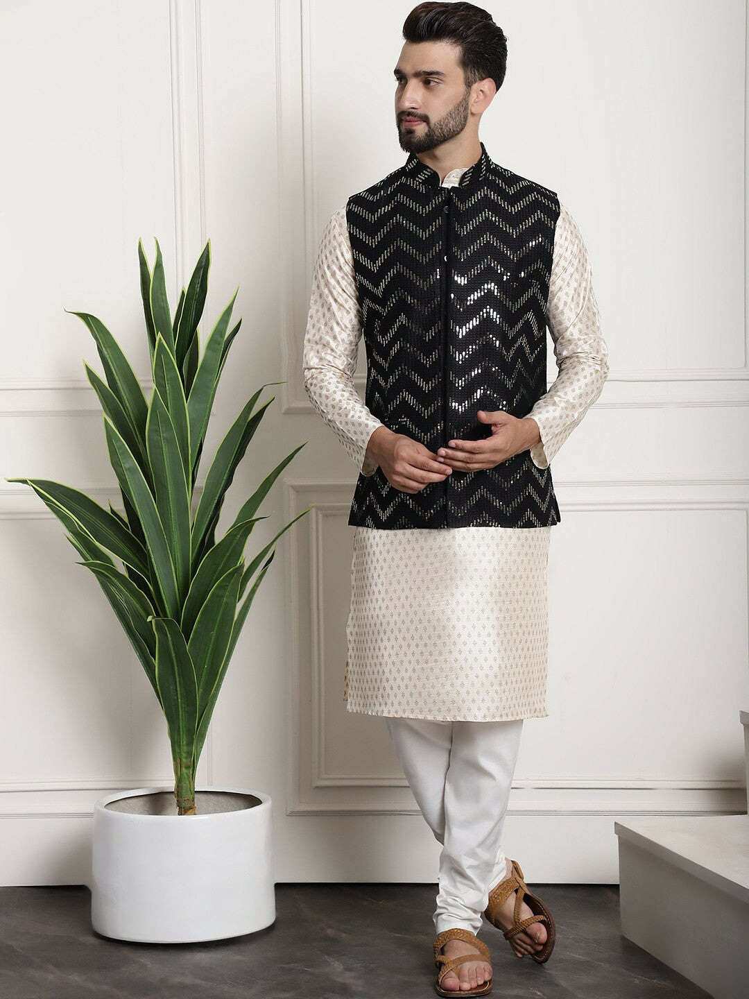 Men’s Chevron Embellished Pure Silk Nehru Jacket – Luxe Festive Wear