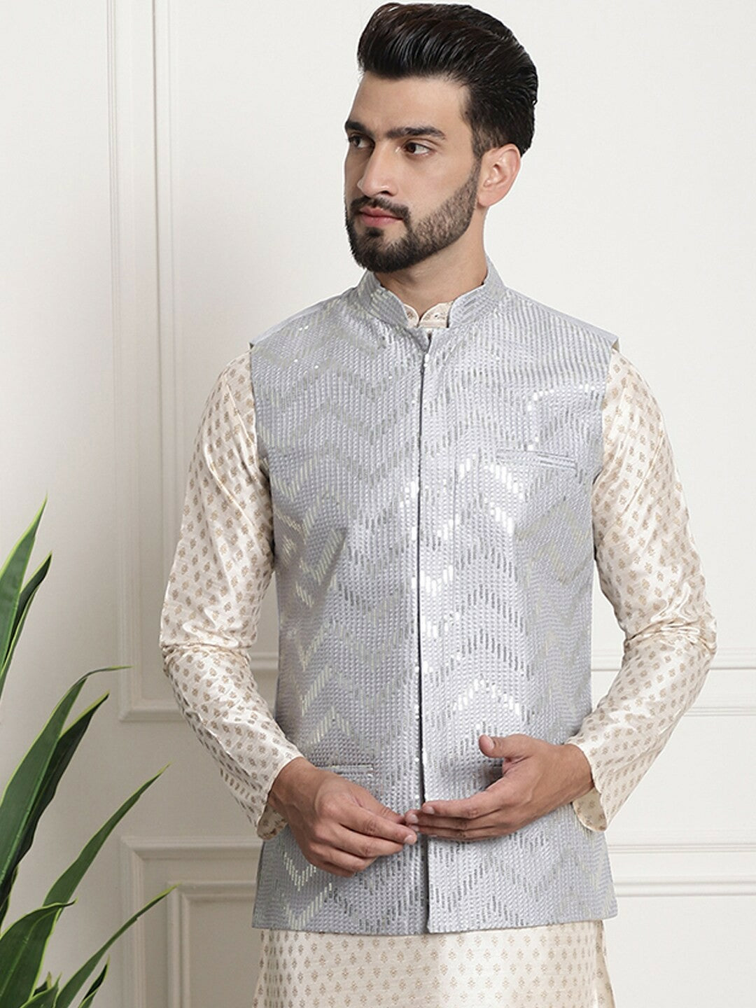 Men’s Chevron Embellished Mandarin Collar Nehru Jacket – Festive Sophistication