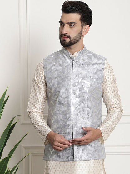 Men’s Chevron Embellished Mandarin Collar Nehru Jacket – Festive Sophistication