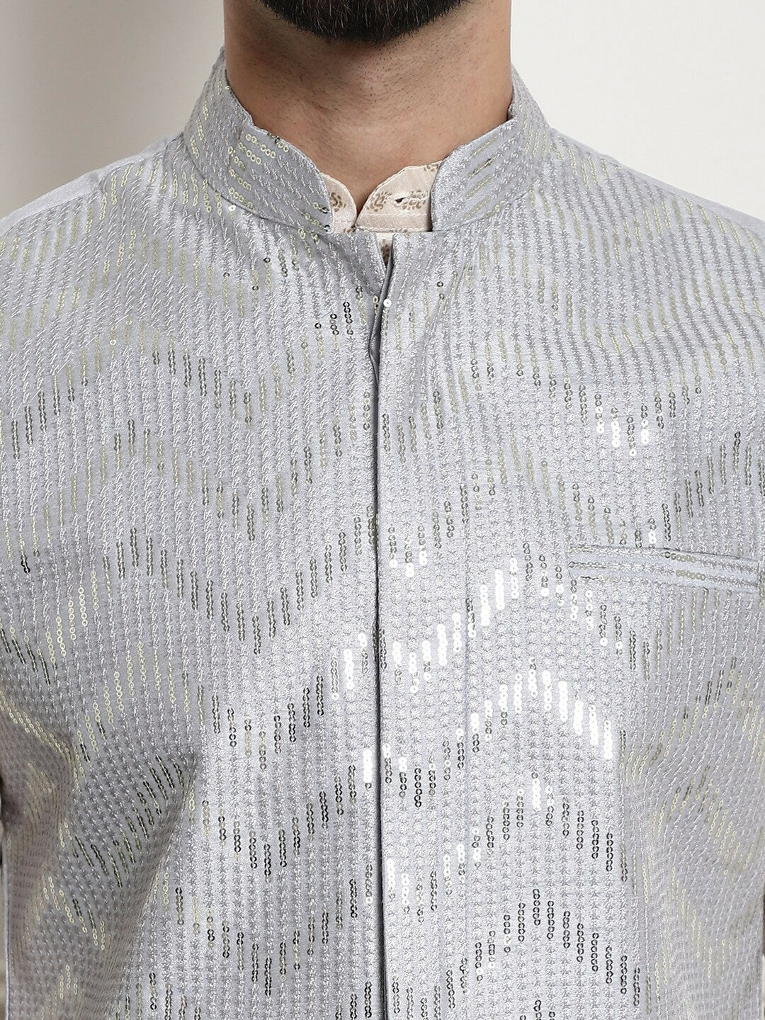 Men’s Chevron Embellished Mandarin Collar Nehru Jacket – Festive Sophistication