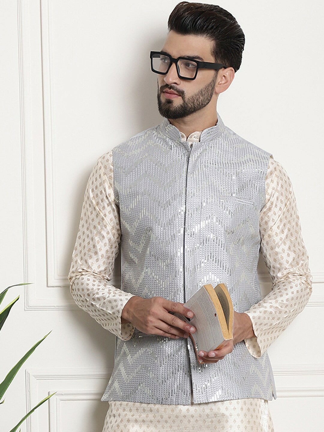 Men’s Chevron Embellished Mandarin Collar Nehru Jacket – Festive Sophistication