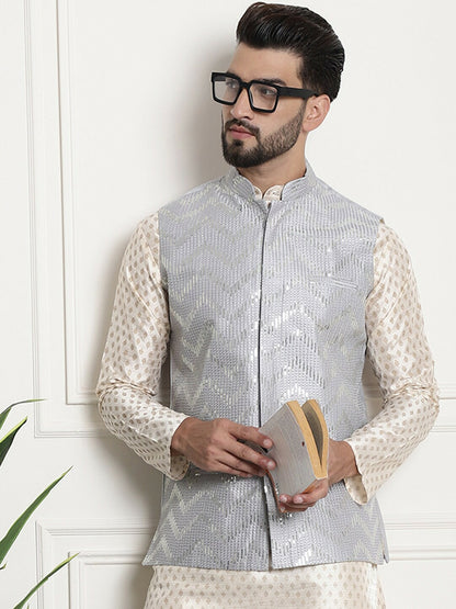Men’s Chevron Embellished Mandarin Collar Nehru Jacket – Festive Sophistication
