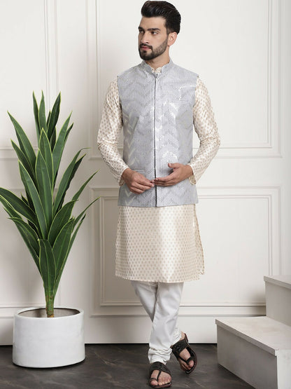 Men’s Chevron Embellished Mandarin Collar Nehru Jacket – Festive Sophistication