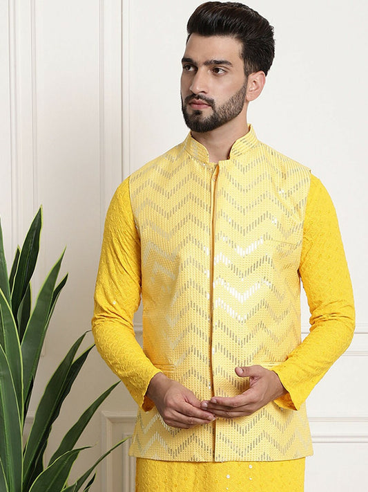Men’s Yellow Embellished Silk Nehru Jacket – Regal Festive Look