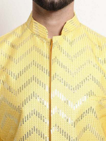 Men’s Yellow Embellished Silk Nehru Jacket – Regal Festive Look