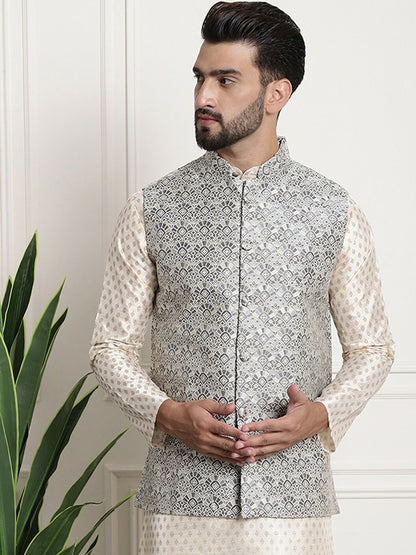 Men’s Grey Ethnic Motifs Woven Nehru Jacket – Mandarin Collar Festive Wear