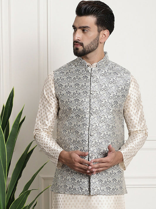 Men’s Grey Ethnic Motifs Woven Nehru Jacket – Mandarin Collar Festive Wear