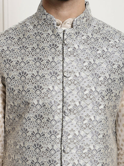 Men’s Grey Ethnic Motifs Woven Nehru Jacket – Mandarin Collar Festive Wear