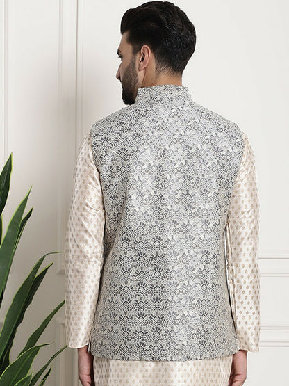 Men’s Grey Ethnic Motifs Woven Nehru Jacket – Mandarin Collar Festive Wear