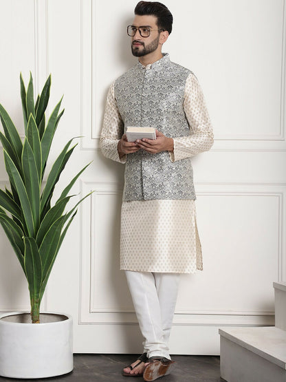 Men’s Grey Ethnic Motifs Woven Nehru Jacket – Mandarin Collar Festive Wear