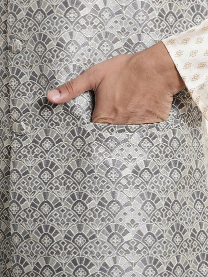 Men’s Grey Ethnic Motifs Woven Nehru Jacket – Mandarin Collar Festive Wear