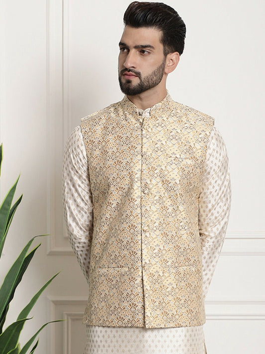 Men’s Beige & Brown Ethnic Motifs Woven Nehru Jacket – Festive Elegance