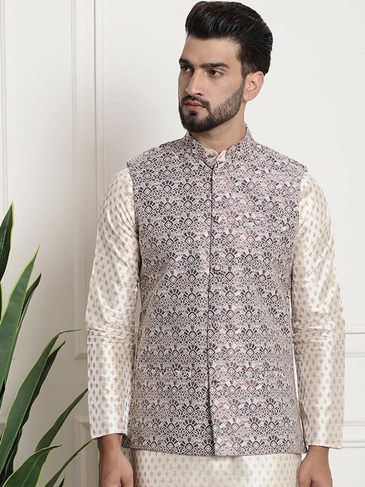 Men’s Purple & White Printed Nehru Jacket – Modern Festive Style