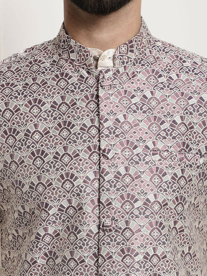 Men’s Purple & White Printed Nehru Jacket – Modern Festive Style