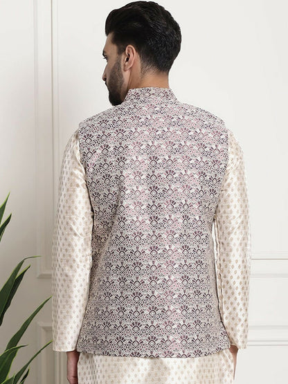 Men’s Purple & White Printed Nehru Jacket – Modern Festive Style