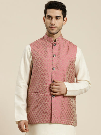 Men’s Pink & Beige Self Design Jacquard Nehru Jacket – Traditional Elegance
