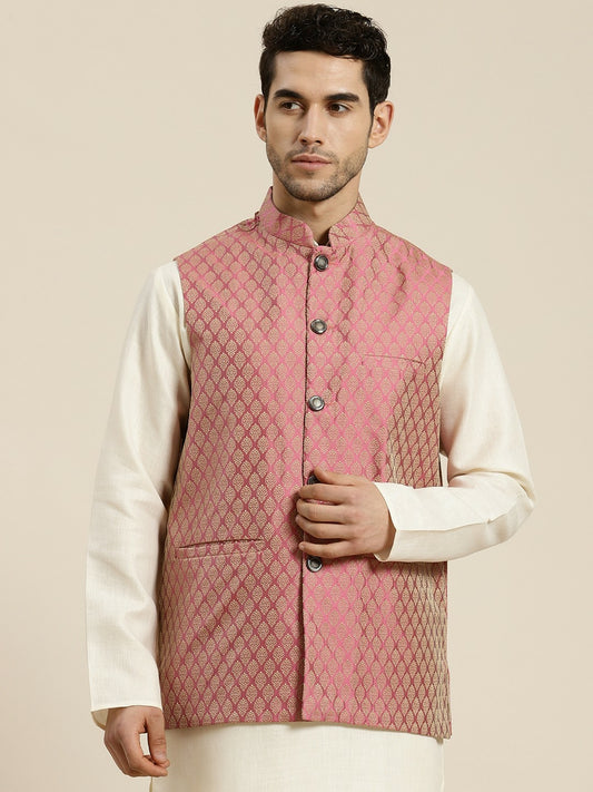 Men’s Pink & Beige Self Design Jacquard Nehru Jacket – Traditional Elegance