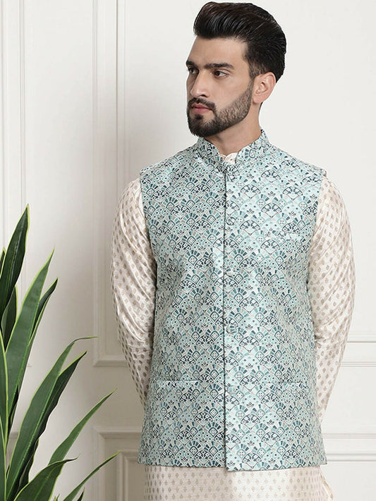 Men’s Emerald Green Ethnic Motifs Woven Nehru Jacket – Festive Classic