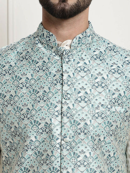 Men’s Emerald Green Ethnic Motifs Woven Nehru Jacket – Festive Classic