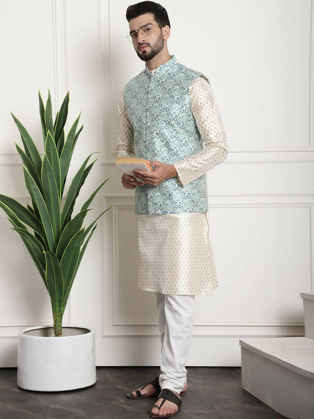Men’s Emerald Green Ethnic Motifs Woven Nehru Jacket – Festive Classic