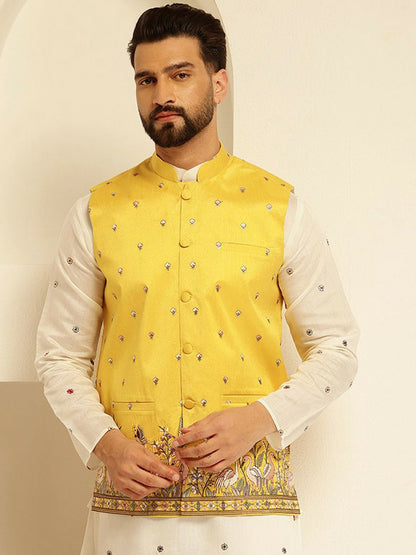 Men’s Yellow Embroidered Woven Nehru Jacket – Festive Charm