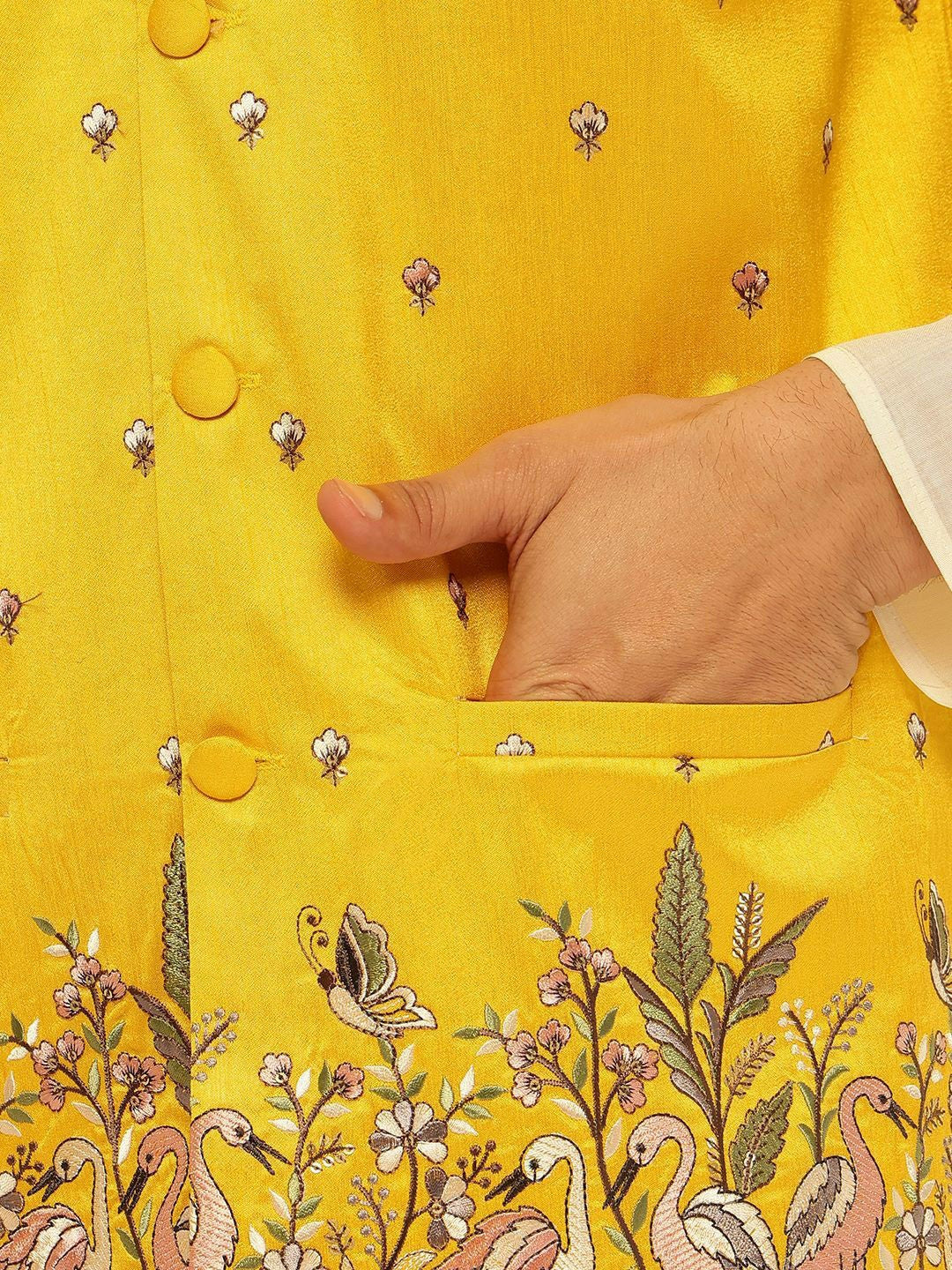 Men’s Yellow Embroidered Woven Nehru Jacket – Festive Charm