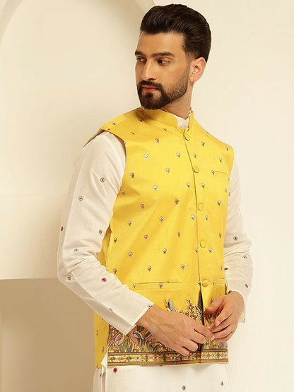 Men’s Yellow Embroidered Woven Nehru Jacket – Festive Charm