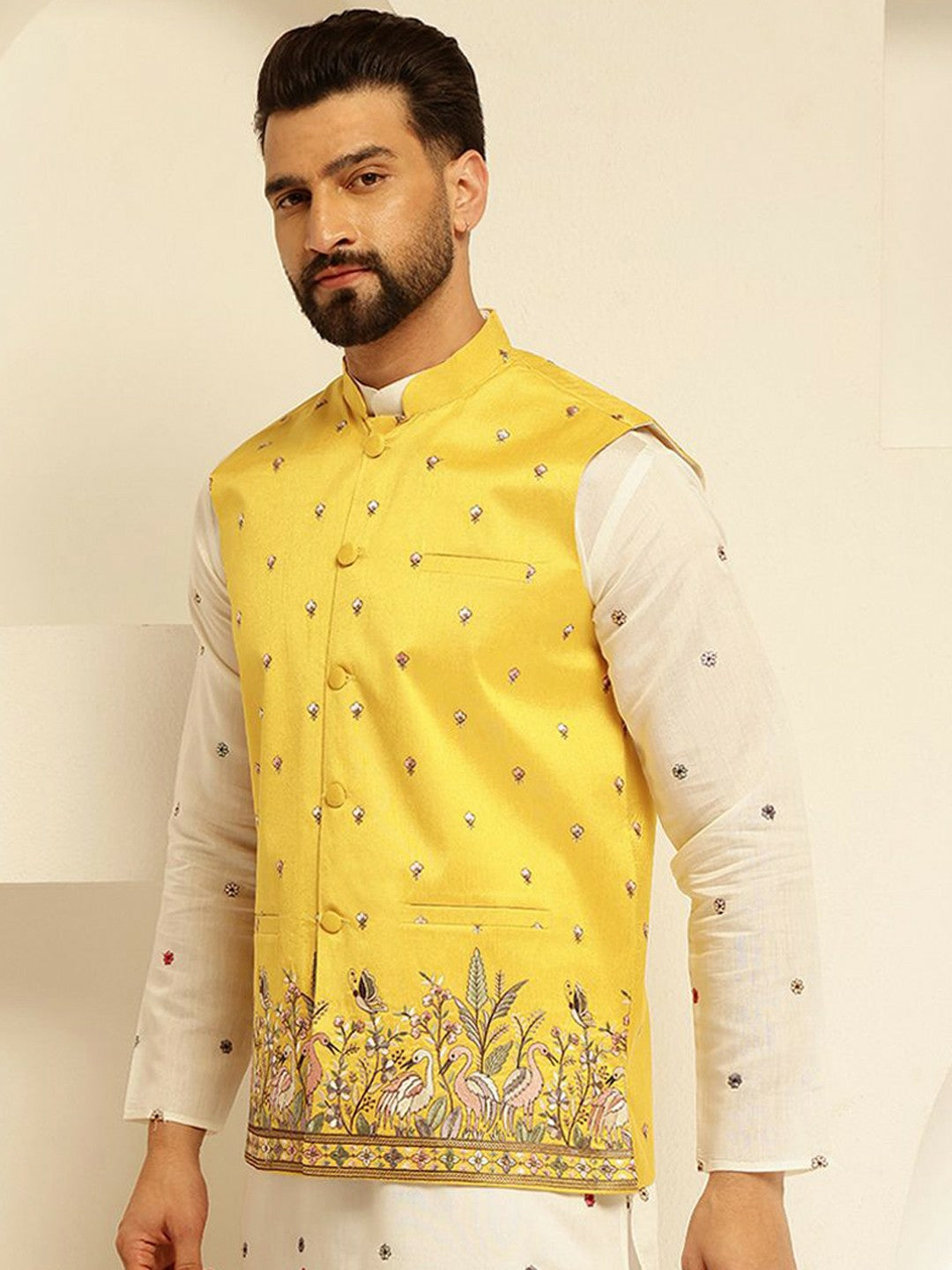 Men’s Yellow Embroidered Woven Nehru Jacket – Festive Charm
