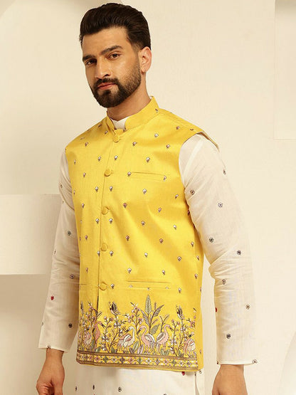 Men’s Yellow Embroidered Woven Nehru Jacket – Festive Charm