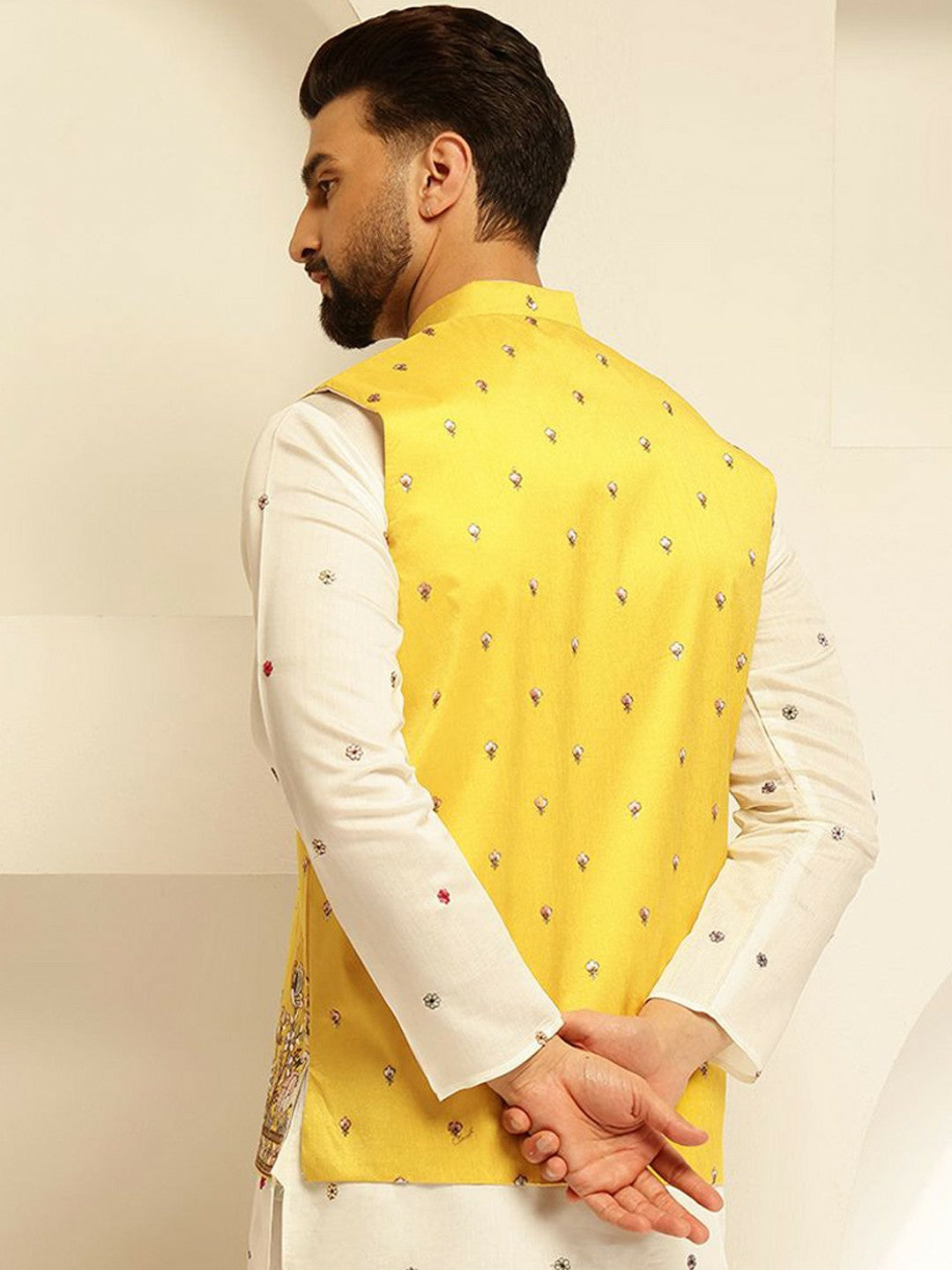 Men’s Yellow Embroidered Woven Nehru Jacket – Festive Charm