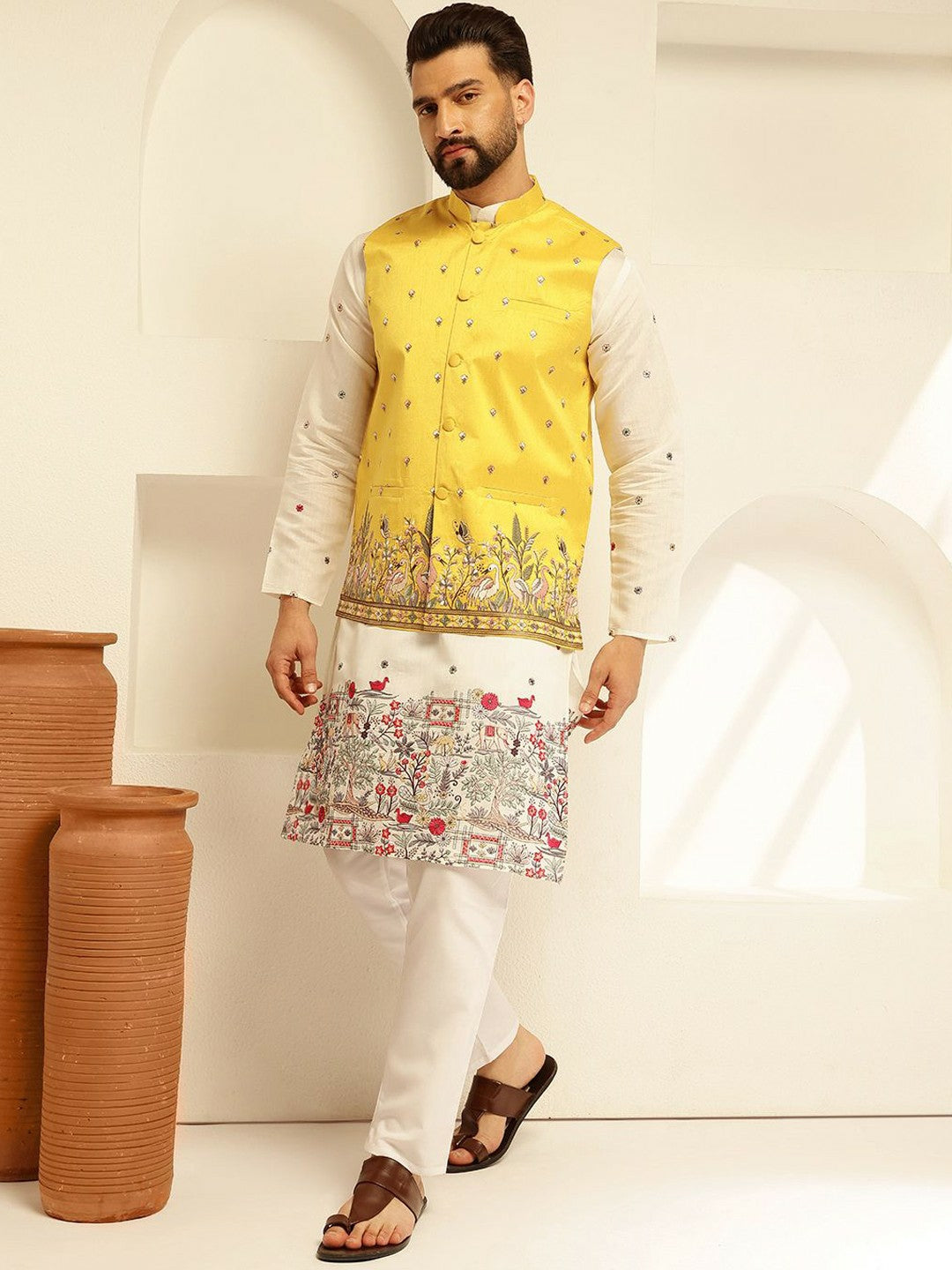 Men’s Yellow Embroidered Woven Nehru Jacket – Festive Charm