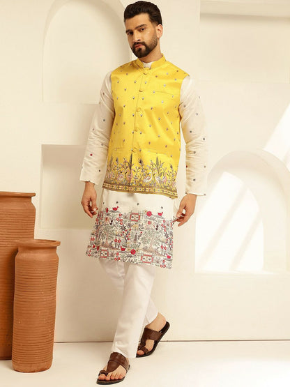 Men’s Yellow Embroidered Woven Nehru Jacket – Festive Charm