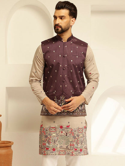 Men’s Rich Burgundy Embroidered Nehru Jacket – Elegant Festive Wear