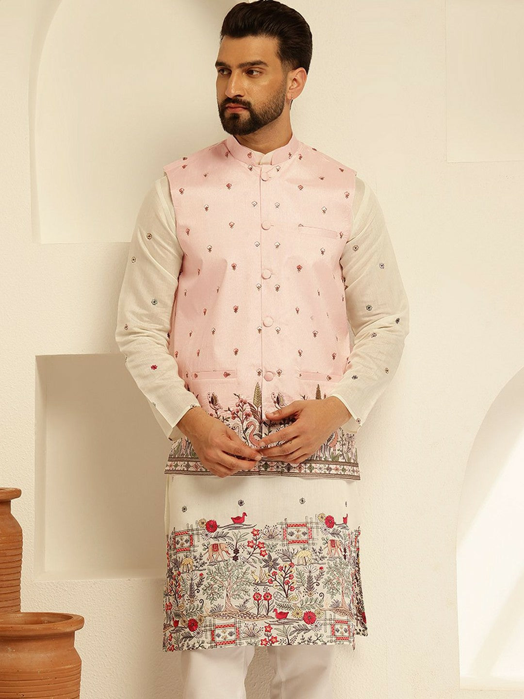 Men’s Pink Embroidered Nehru Jacket – Traditional Elegance
