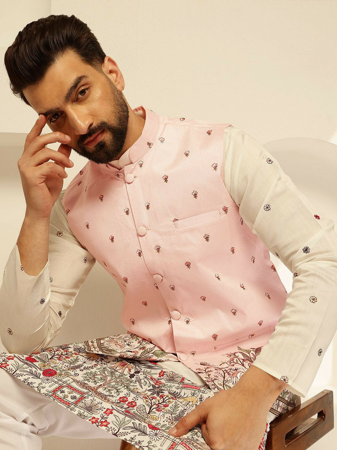 Men’s Pink Embroidered Nehru Jacket – Traditional Elegance