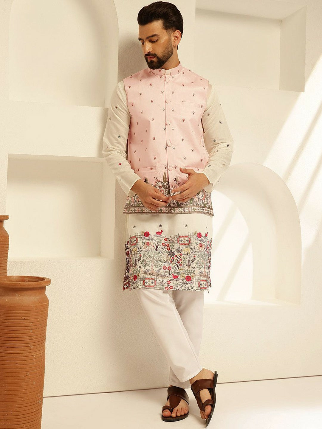 Men’s Pink Embroidered Nehru Jacket – Traditional Elegance