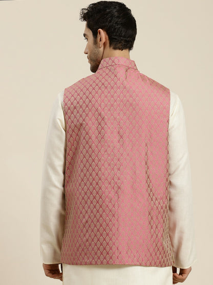 Men’s Pink & Beige Self Design Jacquard Nehru Jacket – Traditional Elegance