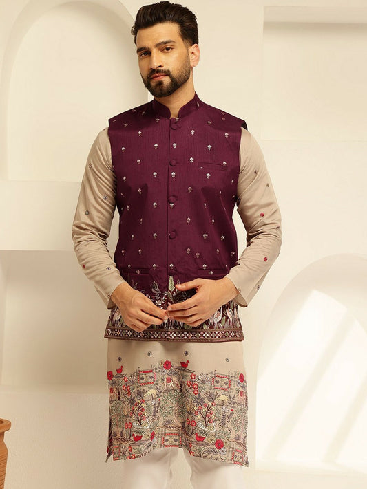 Men’s Maroon Embroidered Brocade Nehru Jacket – Regal Festive Wear