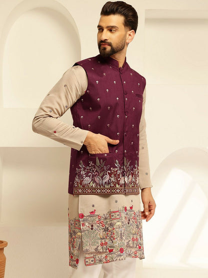 Men’s Maroon Embroidered Brocade Nehru Jacket – Regal Festive Wear