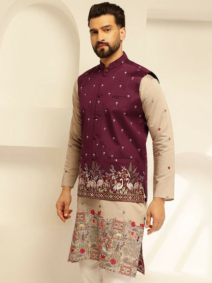 Men’s Maroon Embroidered Brocade Nehru Jacket – Regal Festive Wear