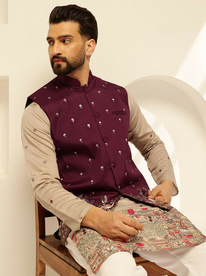 Men’s Maroon Embroidered Brocade Nehru Jacket – Regal Festive Wear