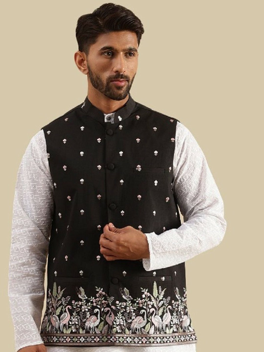 Men’s Black Embroidered Nehru Jacket – Classic Festive Wear
