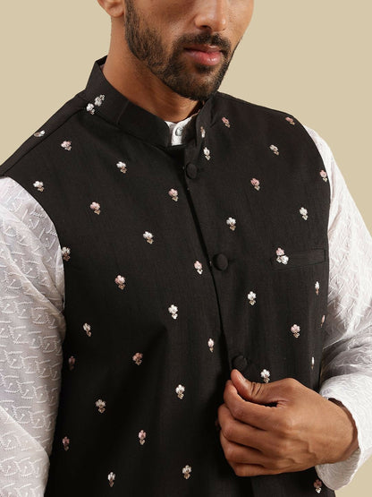 Men’s Black Embroidered Nehru Jacket – Classic Festive Wear